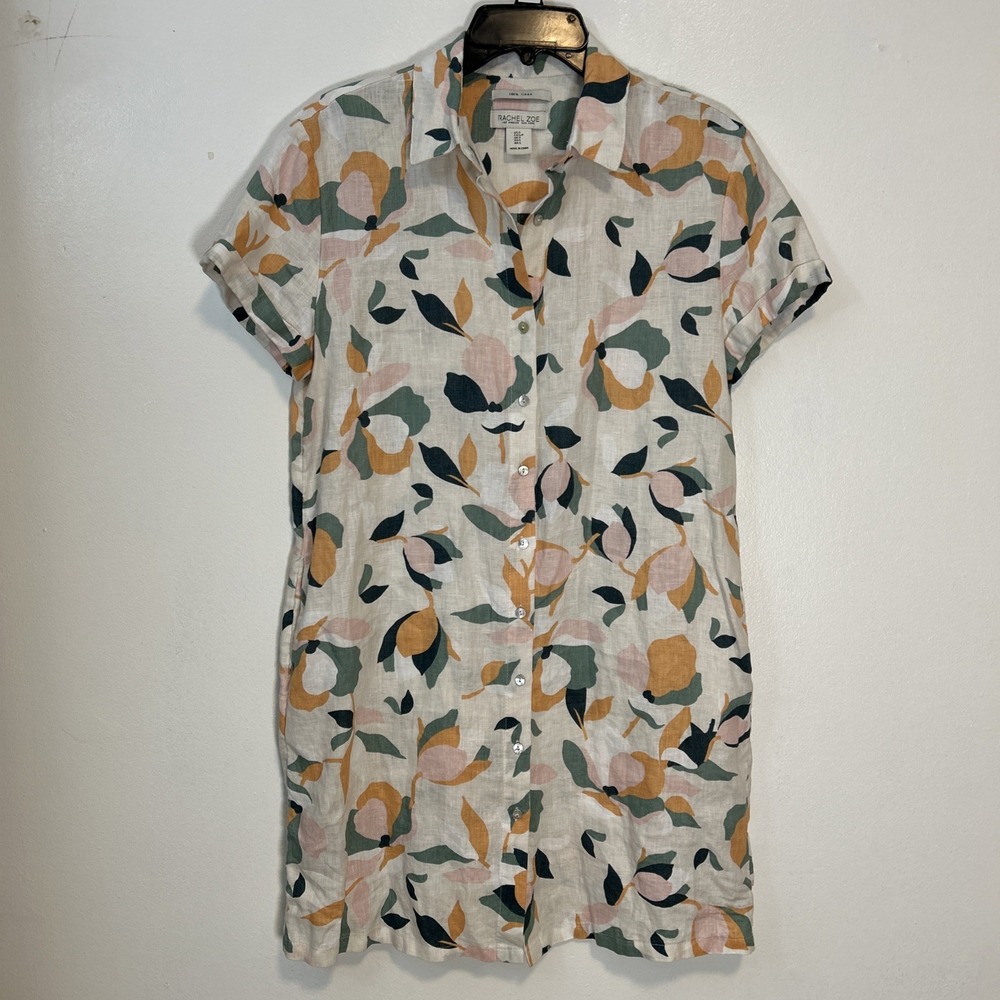 Rachael Zoe Women S 100% Linen Floral Button-Down Short Sleeve Shift Dress 6375 - Picture 9 of 9